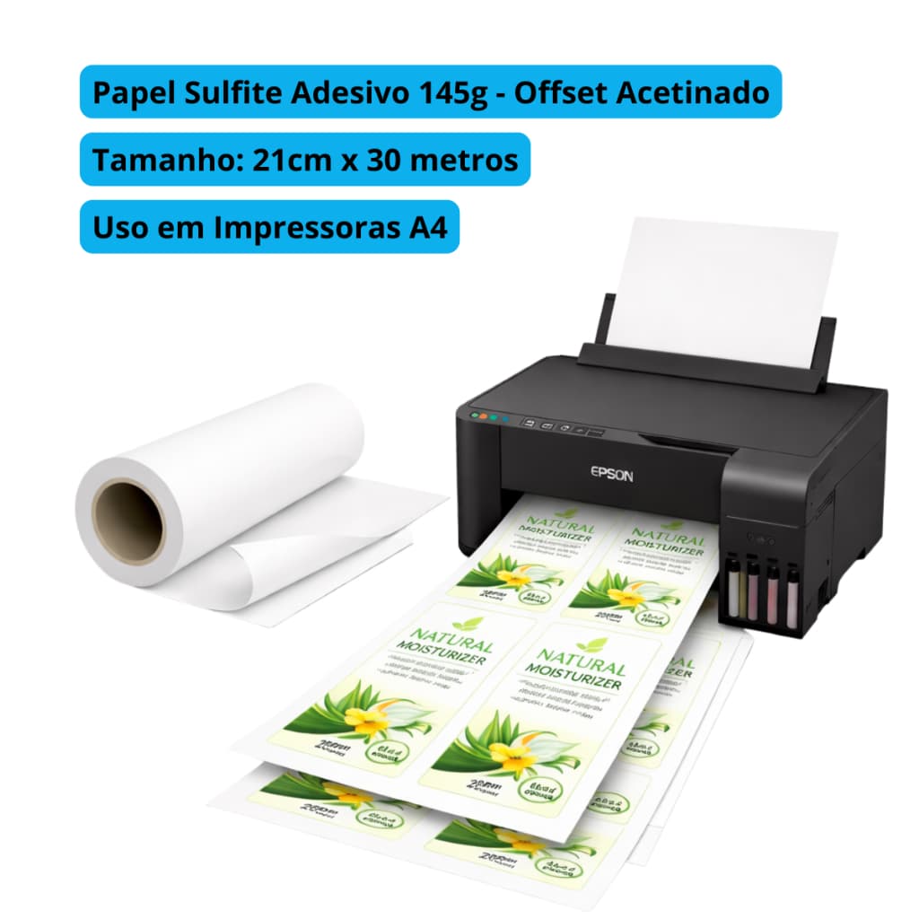 Bobina Papel Sulfite Adesivo (Offset Acetinado) A4 210MMX30M 145G Para impressoras A4
