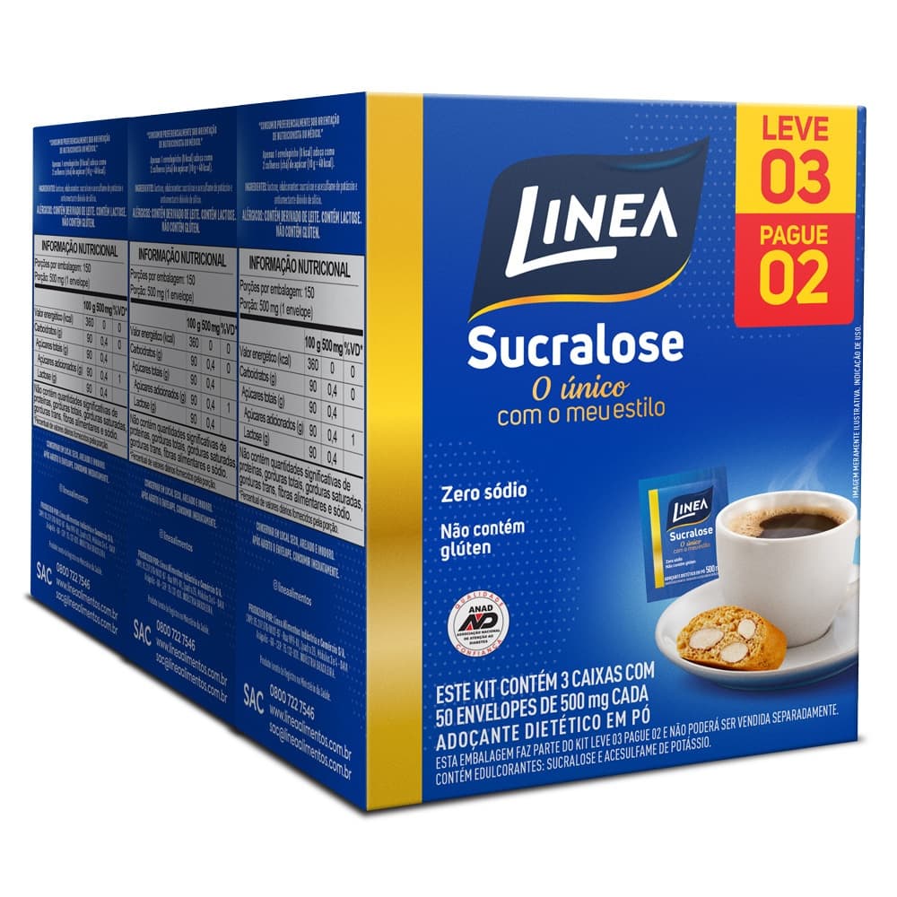 Kit Leve 3 Pague 2 Adoçante Sucralose em Pó 50 sachês 0,5g - Linea