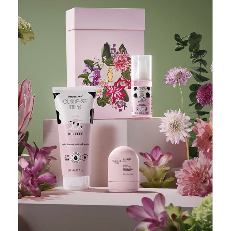 kit deleite Cuide-se bem O Boticário: hidratante 200ml, Body splash 60ml e creme para as mãos 45g