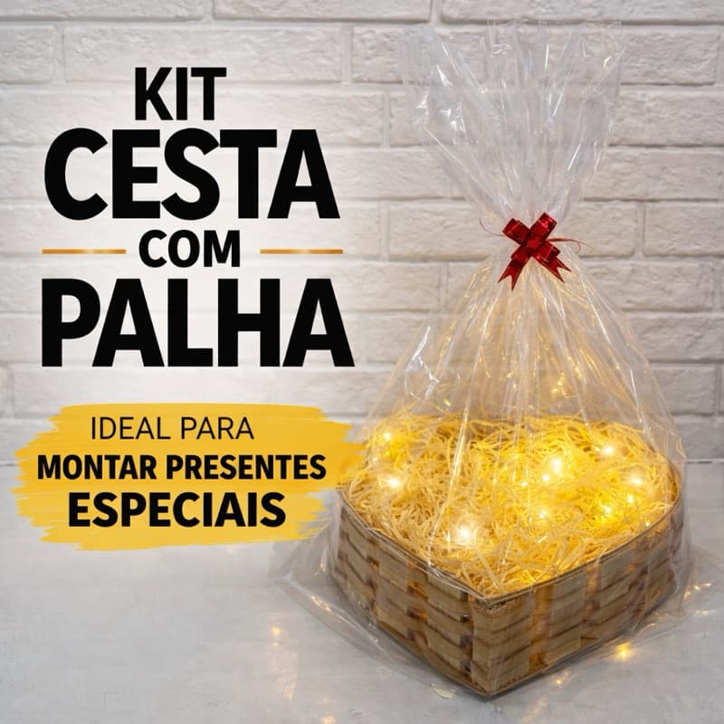 Cesta Para Presente Com Palha Saco Transparente E Fio De Led Dia Dos Namorados Aniversário Café