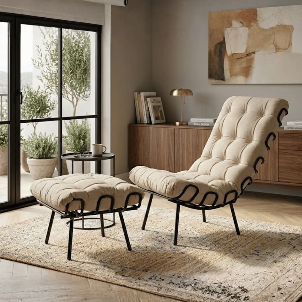 Kit Poltrona Com Puff Costela Adão Confortável Estofada Veludo Sala Decorativa
