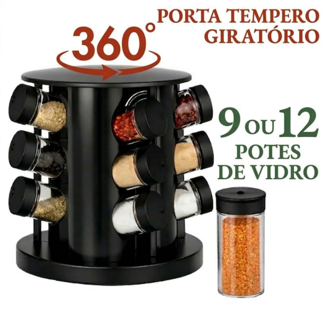 Porta Tempero Condimentos Giratório 360° Com 9 ou 12 Potes Vidro Organização Cozinha
