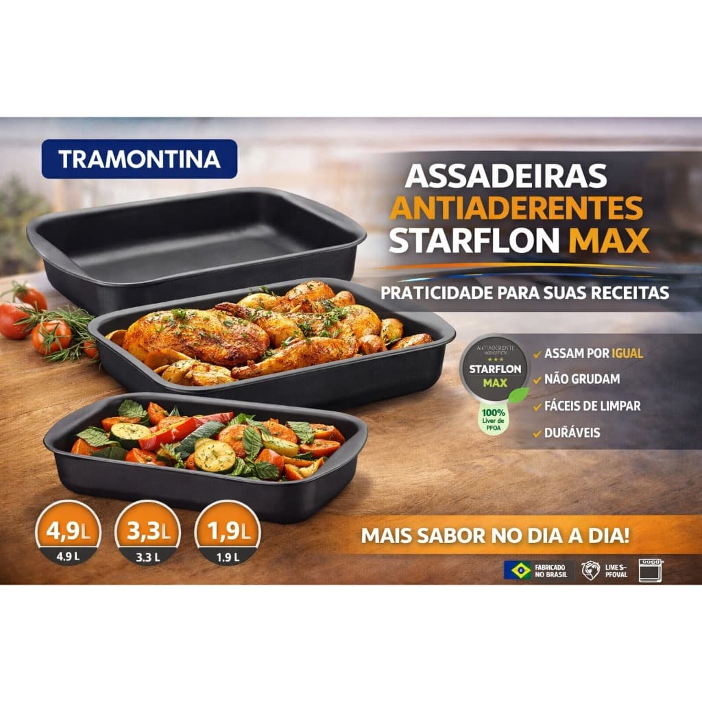 Jogo de Assadeiras Brasil Alumínio Revestimento Antiaderente Starflon Max Grafite 3 Peças Tramontina