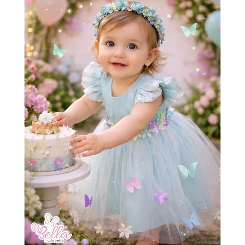 VESTIDO INFANTIL PERSONALIZADO JARDIM  BEBÊ  ANIVERSÁRIO VERDE TIFANY 01 ANO