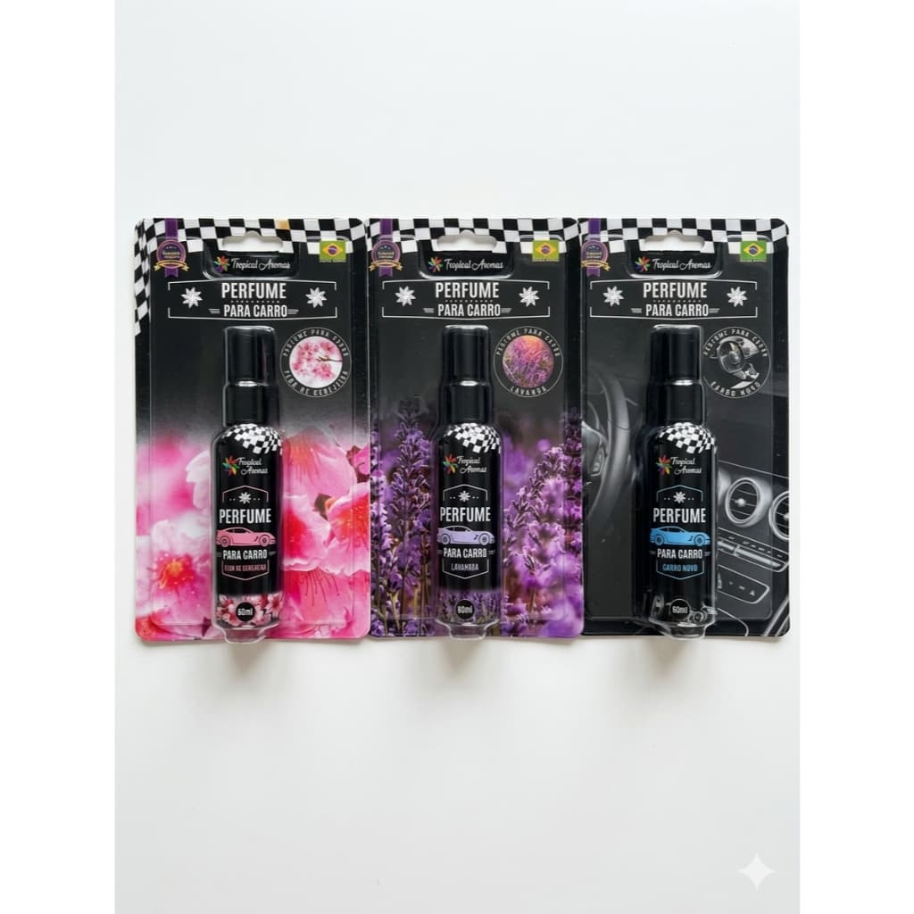 Kit 3 Perfumes para Carro 60ml Aromatizador Veicular Carro Novo Lavanda Flor de Cerejeira