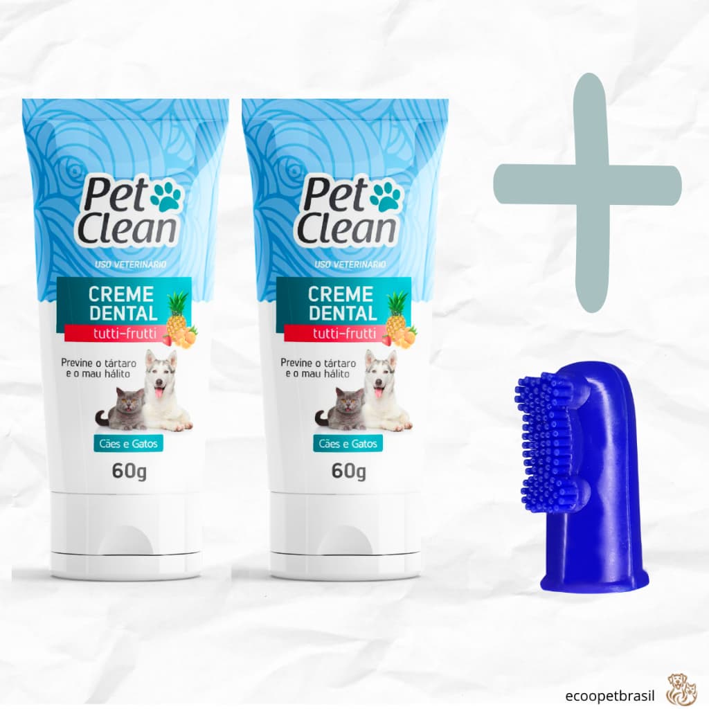 KIT 2 Creme Dental Tutti-Frutti + Dedeira Pet Clean para Cachorro / Cães e Gatos - Higiene Bucal