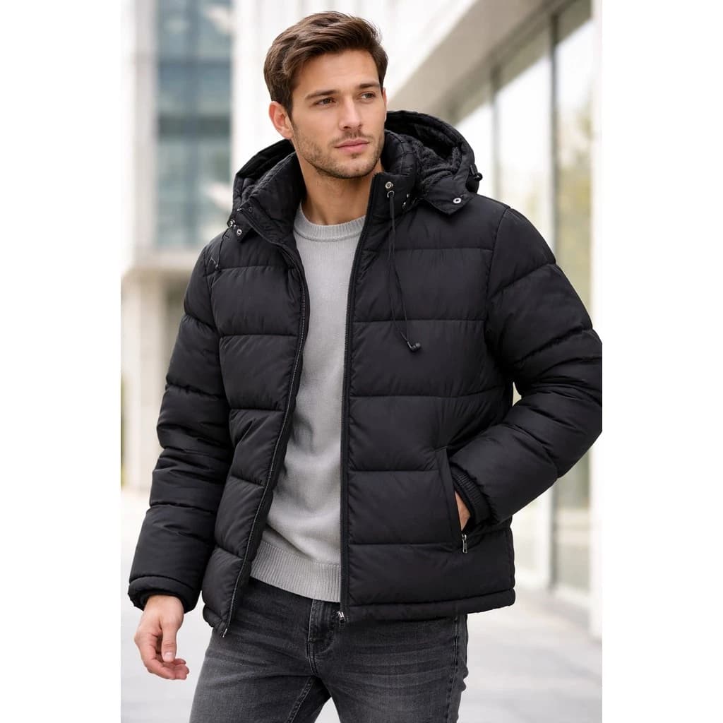 Jaqueta Puffer Matelassê Masculina Casaco Bobojaco Alcochoada Com Capuz e Zíper Inverno Corta Vento