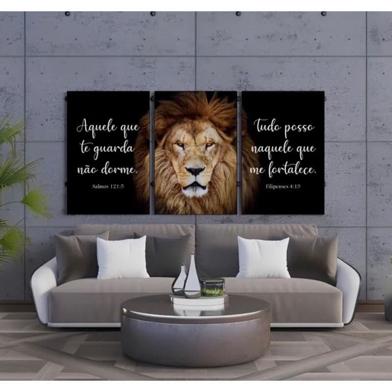 Trio de Quadros Leão de Judá Versículos Bíblicos Salmo 121 Filipenses 4:13 Decoração Cristã