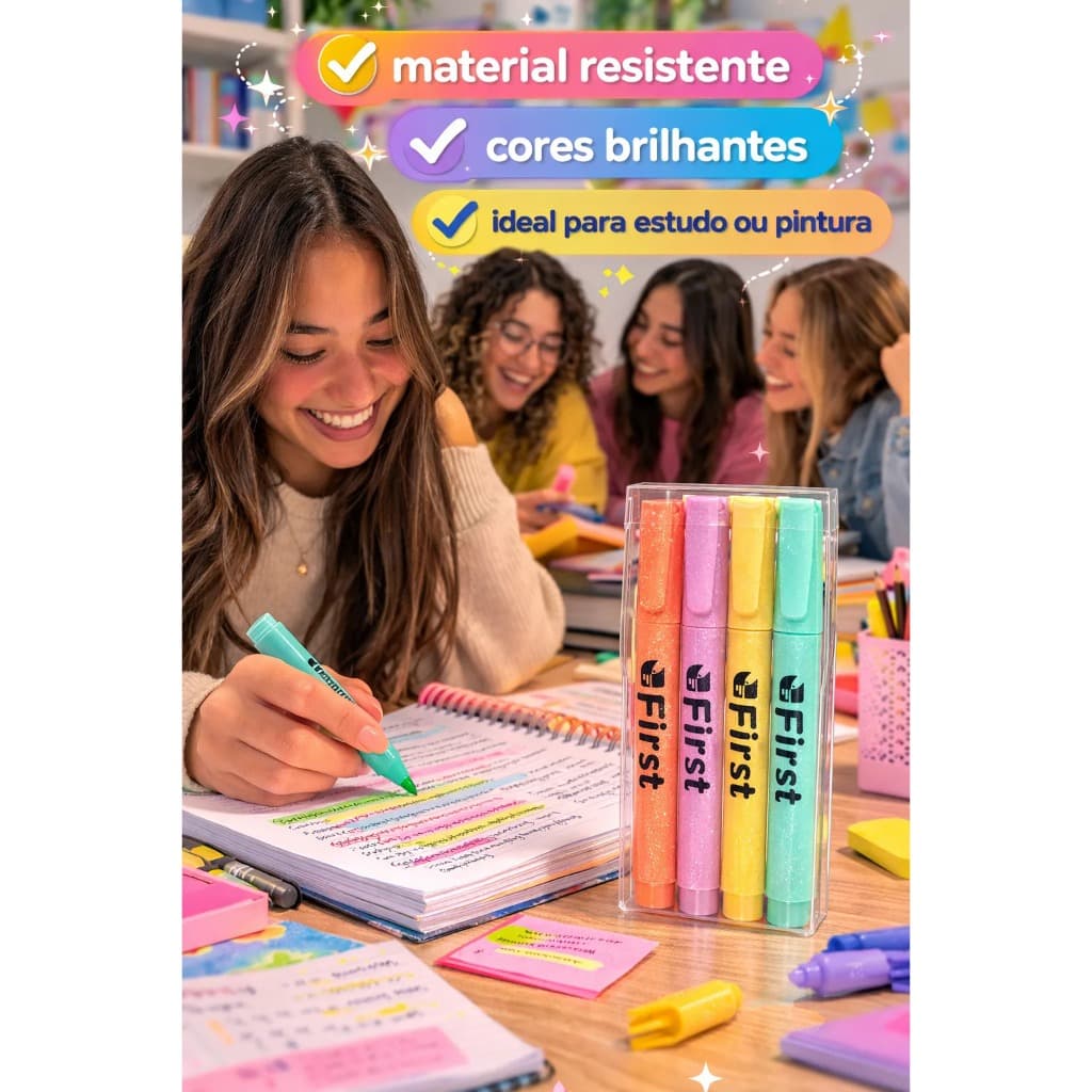 Conjunto 4 Marca Texto Glitter Colorida Canetas Marca Texto Escolar Papelaria Estudo Destaque Texto
