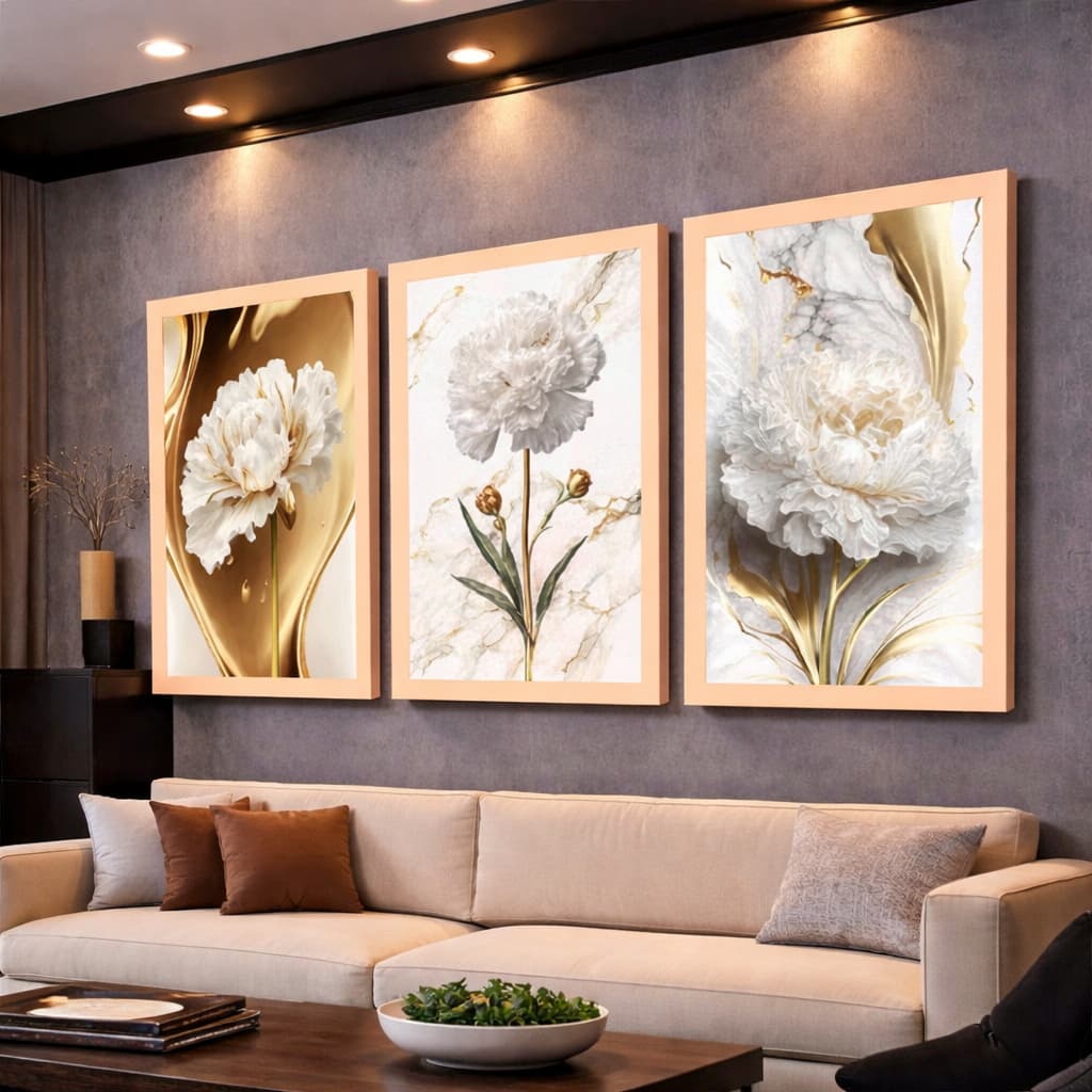 Kit 3 Quadros Decorativos Flor Cravo Branco Dourado Mosaico Sala Quarto Escritório
