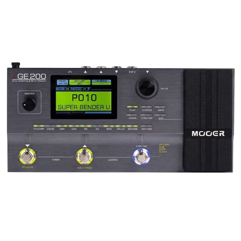 Pedaleira de Guitarra Multiefeitos Mooer GE200  200 Preset 55 Amplificadores Fonte 9V DC bivolt