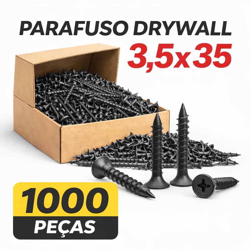 Parafuso Drywall Trombeta 3,5x35mm Aço Carbono Zincado Preto – Kit 1000 Peças