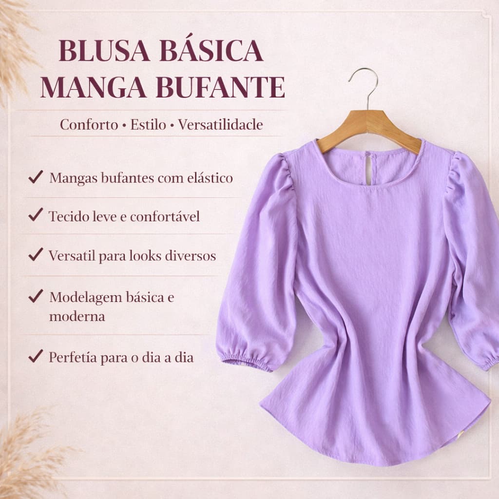 Blusa Básica Manga 3-4 Feminina Malva Alfaiataria Gola Redonda Tecido Duna