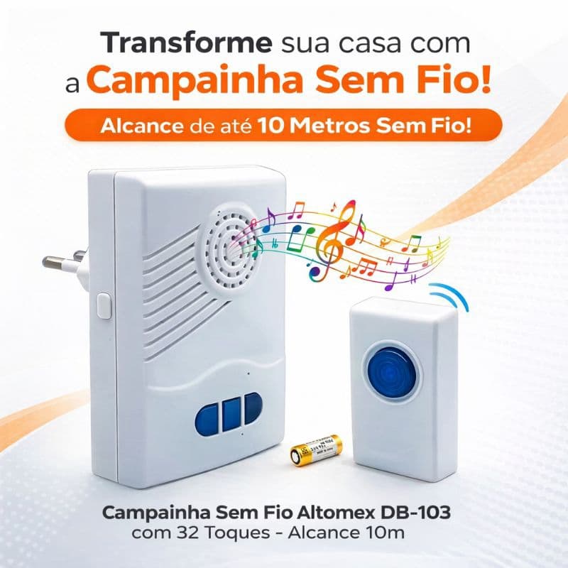 Campainha Sem Fio Altomex DB-103 32 Toques Alcance 10m Com Pilha Para Casa Escritório Comércio