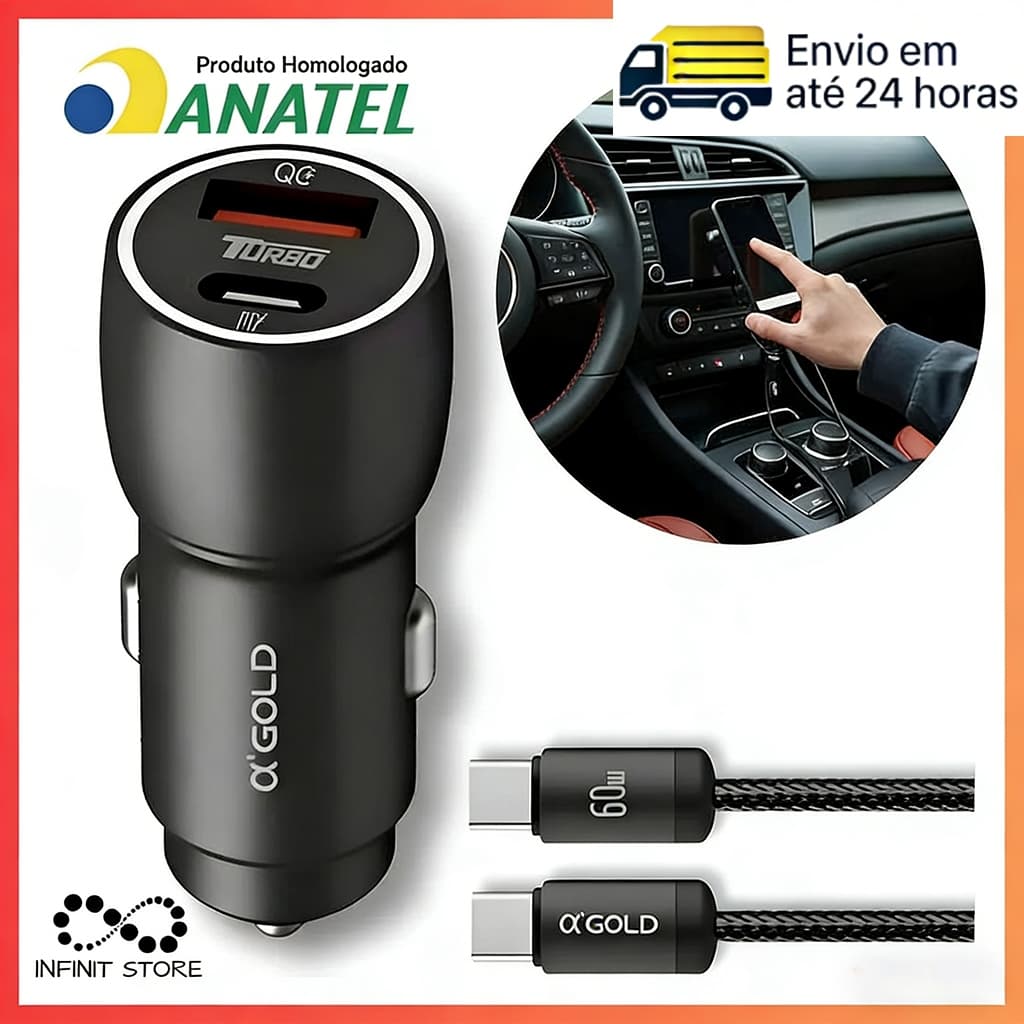 Kit Carregador Veicular Turbo 60W PD + USB-C com Cabo Tipo-C/Lightning – Compatível Android e iPhone