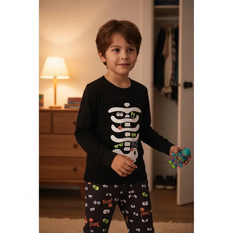 PIJAMA INFANTIL MASCULINO ESQUELETO COM PUNHO PRETO