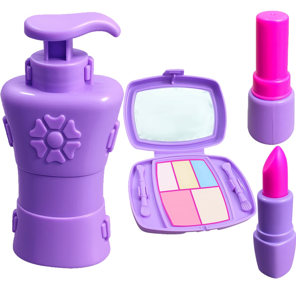KIT MAQUIAGEM DE BRINQUEDO COM PALETA DE MAQUIAGEM BATOM ESMALTE E CREME FAZ DE CONTA
