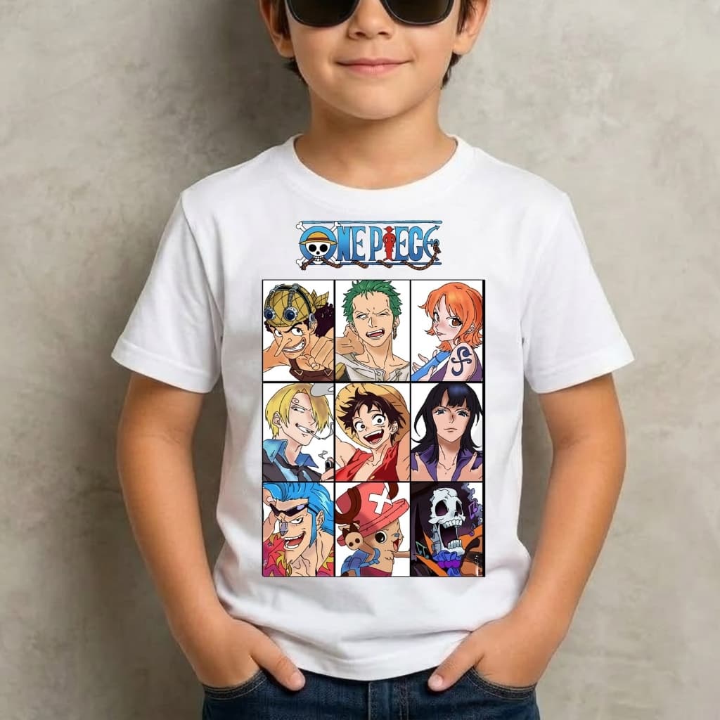 Camiseta Infantil Menino Turma One Piece Piratas Luffy Desenho de Anime Manga em Malha Premium