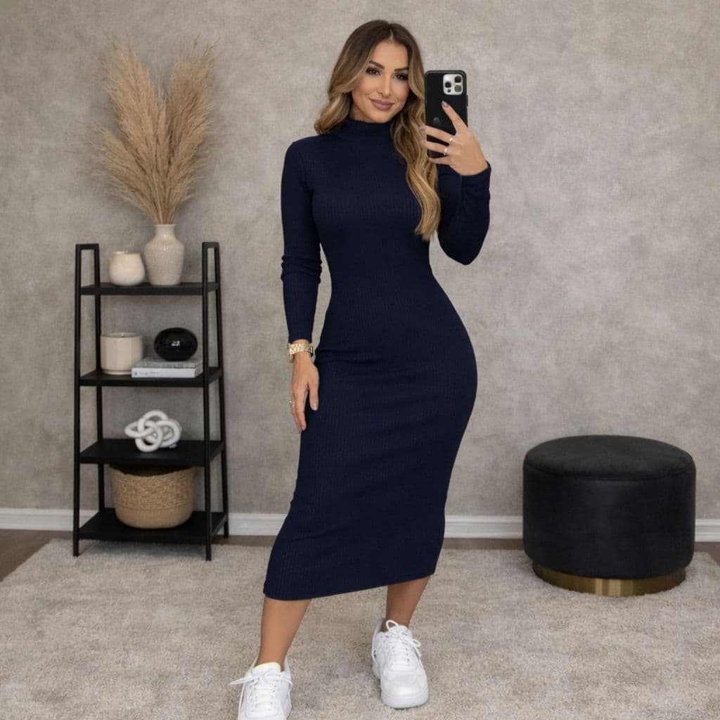 Vestido Feminino Midi Manga Longa Canelado - Elegância e Conforto em um Único Vestido Frio Inverno
