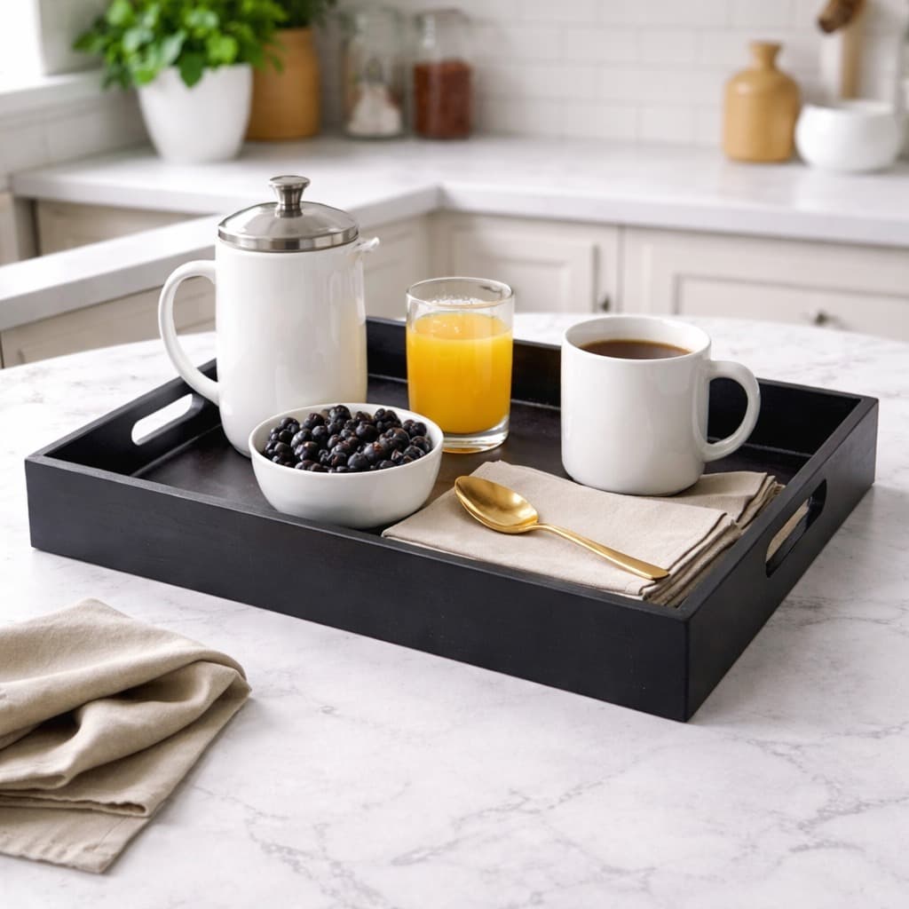 Bandeja Multiuso Preta 30x40cm Alça Servir Café Manhã Decoração Moderna Sala Cozinha Quarto Banheiro