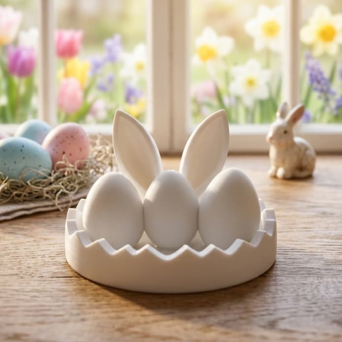 Ninho de Coelhinho da Páscoa com 3 Ovos – Decoração 3D para Mesa, Prateleira ou Cômoda