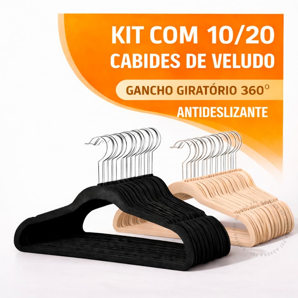 Kit 10/20 Cabides Aveludados Adulto De Veludo Antideslizante Com Gancho Giratório 360° Preto Bege