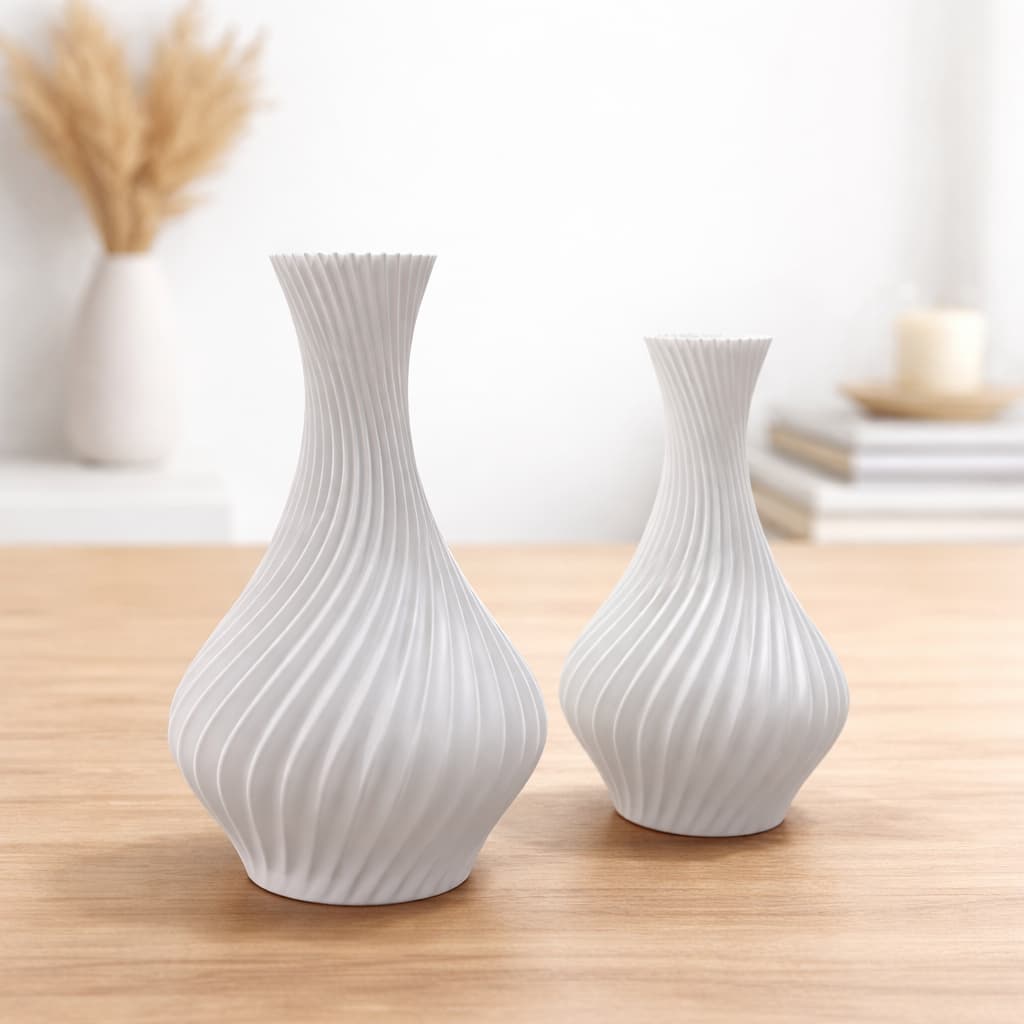 Kit 2 Vasos Espiral Decorativo Branco 15cm 13cm Impressão 3D Ondulado Moderno Sala