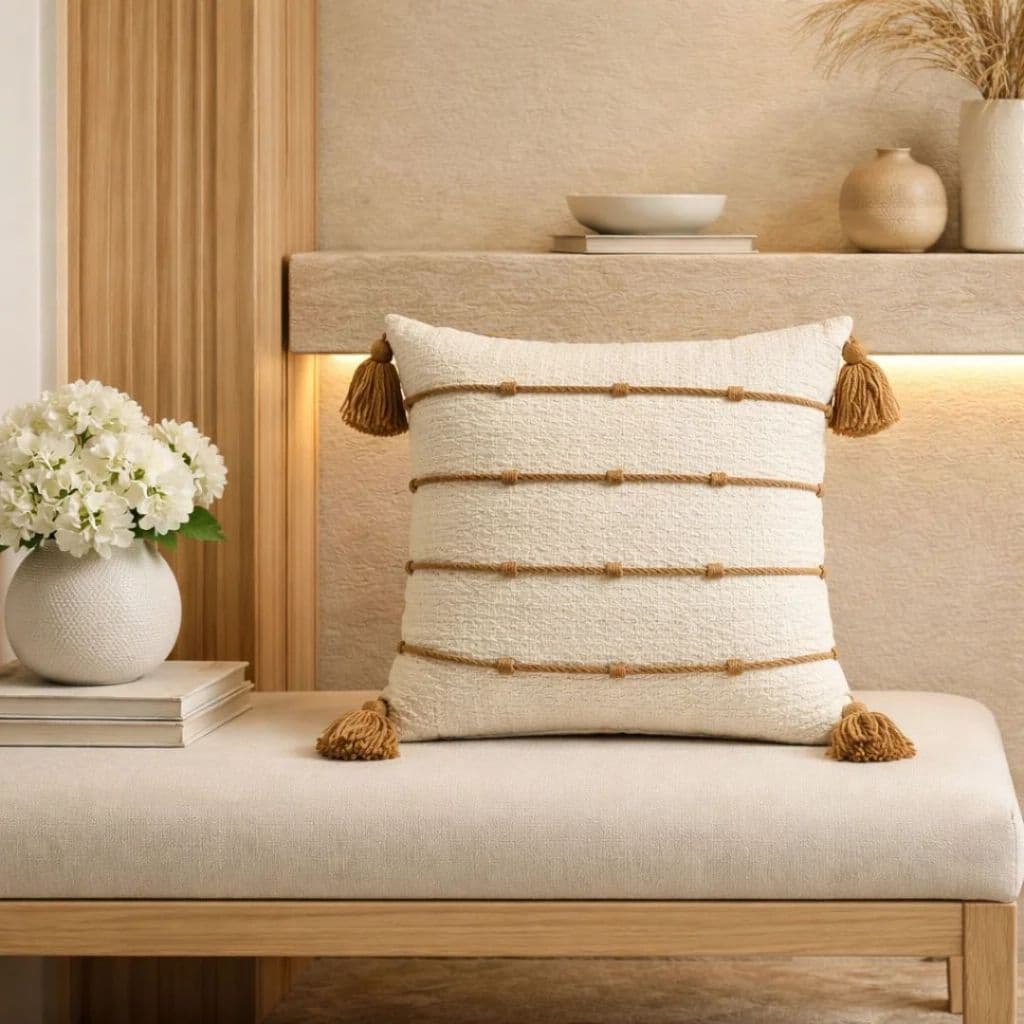 Capa para Almofada Estilo Bohochic 45x45cm – Macramê Artesanal com Pompons Decorativos