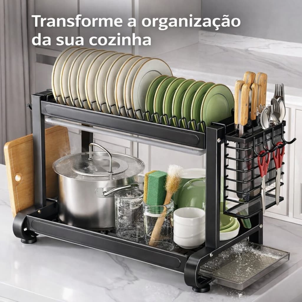 Escorredor de Louças Bancada 2 Andares Organizador Cozinha Moderno Preto Fosco Pratos utensílios tábua