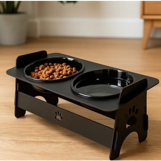 Comedouro Elevado para Cachorro e Gato em Mdf Preto/Marrom/Rosa com Tigela de Plástico Tendência