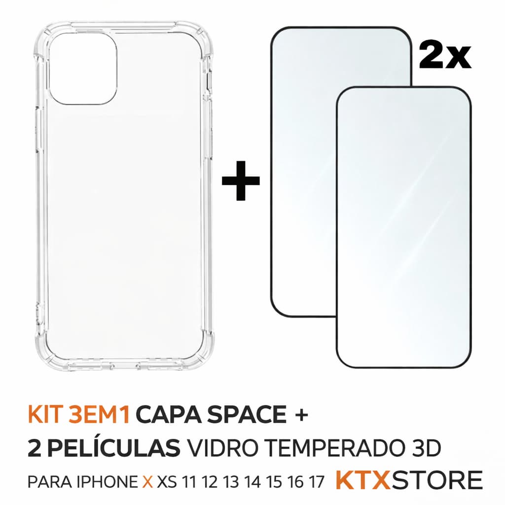 Kit 3em1 Capa Space + 2 Películas Vidro Temperado 3D Proteção Tela iPhone X XS 11 12 13 14 15 16 17 Pro Max - KTX