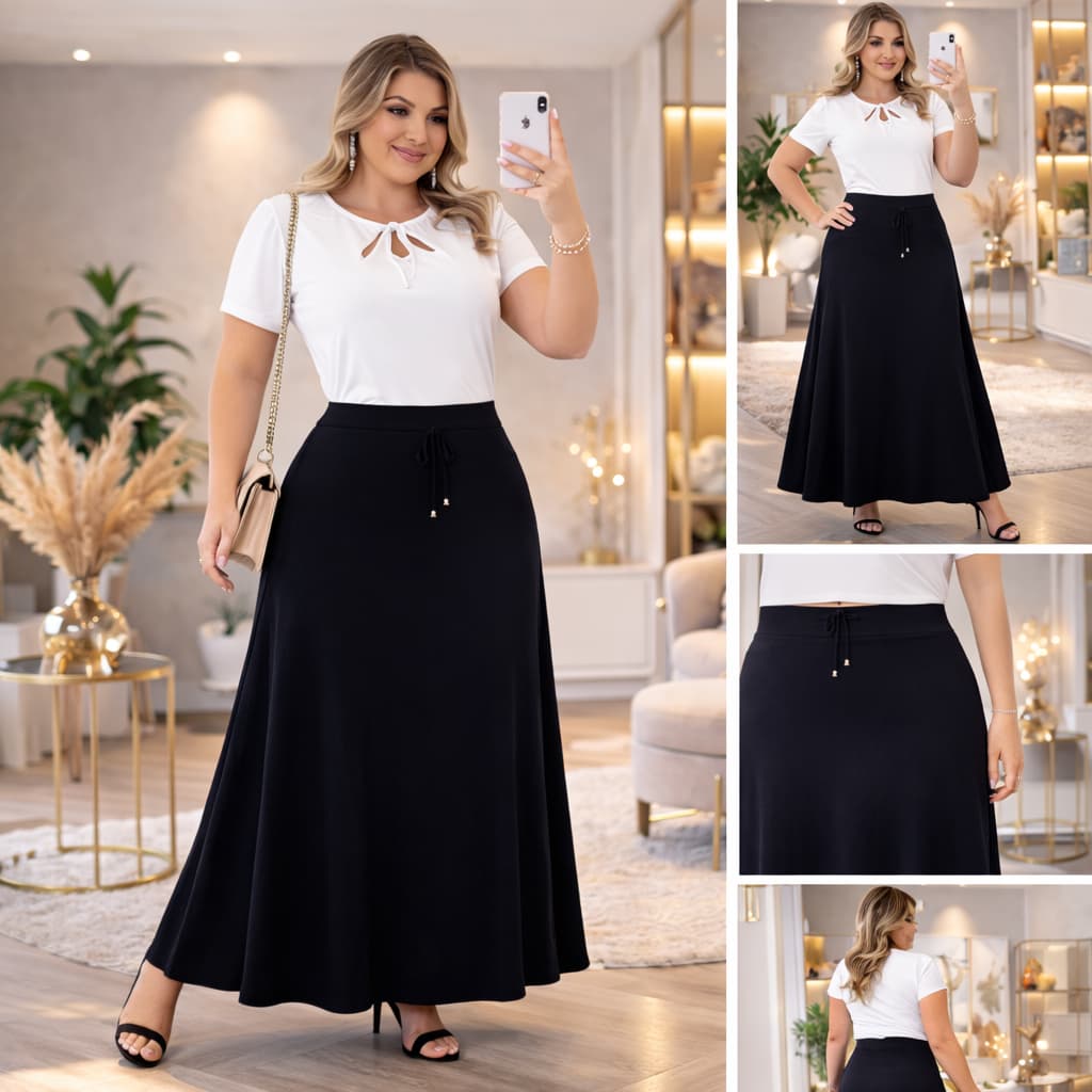 Saia Longa Evangélica Feminina Midi Rodada Elegante Cintura Alta Moda Cristã Lisa