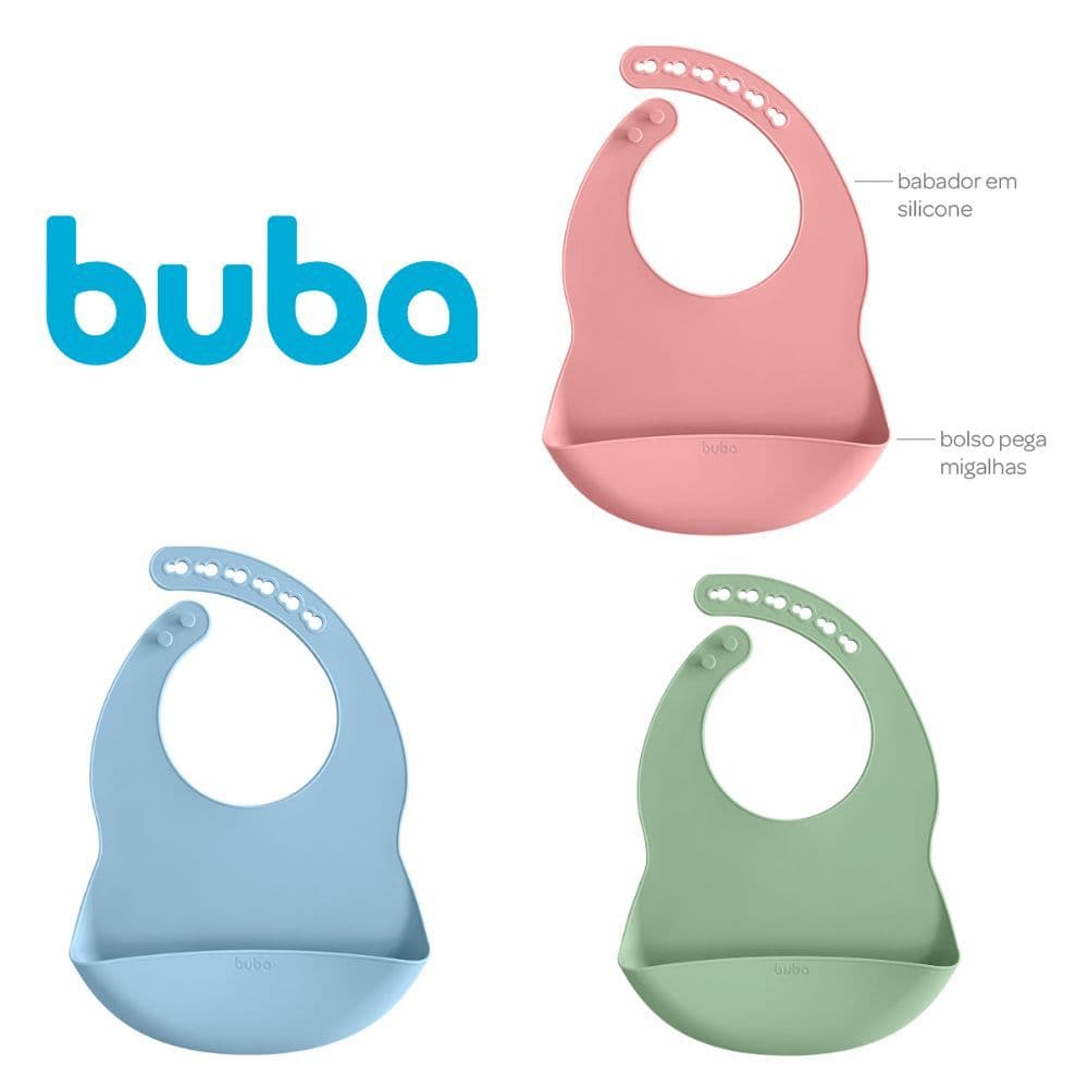 Babador de Silicone Buba Bebê Com bolso Pega Migalhas Ajustável Fácil limpeza Bpa Free