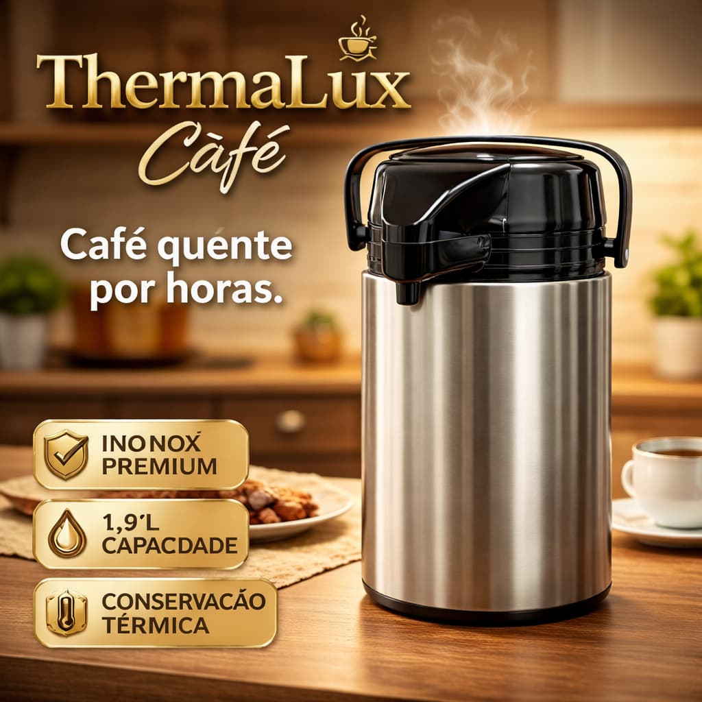 Garrafa Térmica Inox 1,9L ThermoLux Café – Mantém Café Quente por Horas | Não Vaza | Alta Capacidade Premium