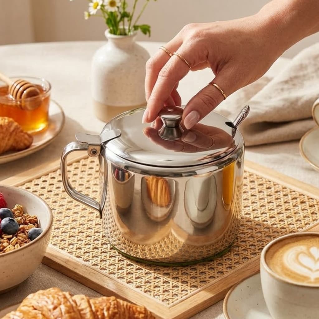 Acucareiro Inox Capacidade 420ml Com Colher Dosador Utensílio Cozinha Prático