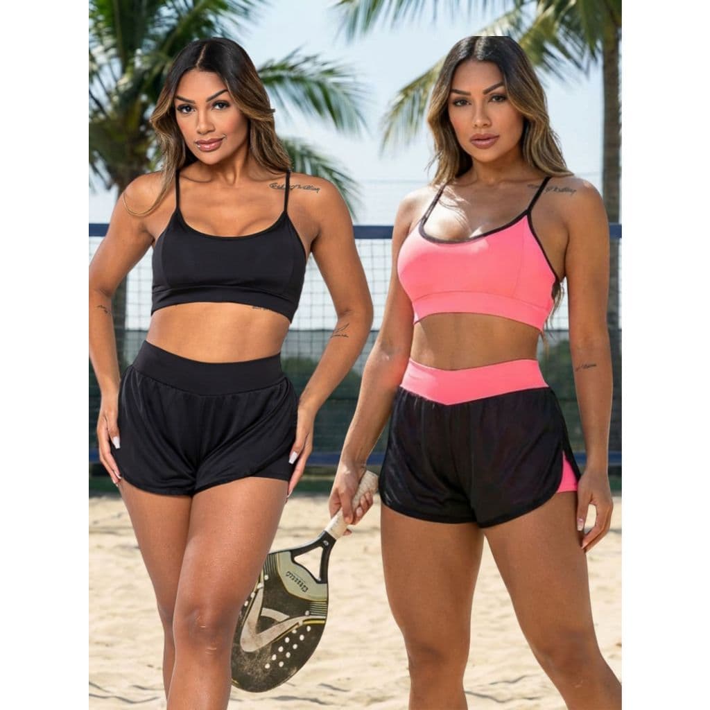 Kit Conjunto Virginia Beach Tennis Feminino 2 Looks Top e Short Duplo Esportivo Areia Confortável Fitness