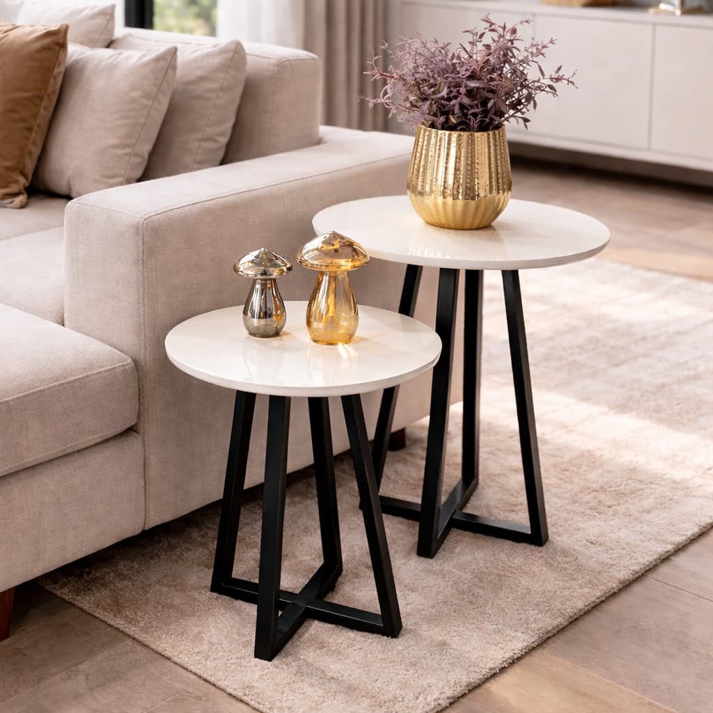Kit 2 Mesas Lateral Redondas Decorativas Grécia Pretas Base Pé Aço Preto Apoio Sala Moderna Luxo 20x30