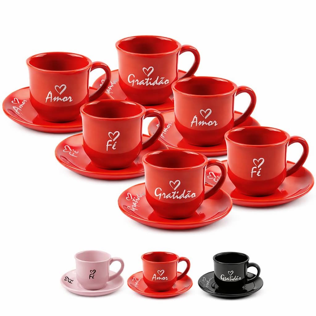 Jogo de Xícara 150ML de café e cha com Pires kit com 12 peças de Cerâmica Amor Fe e Gratidão