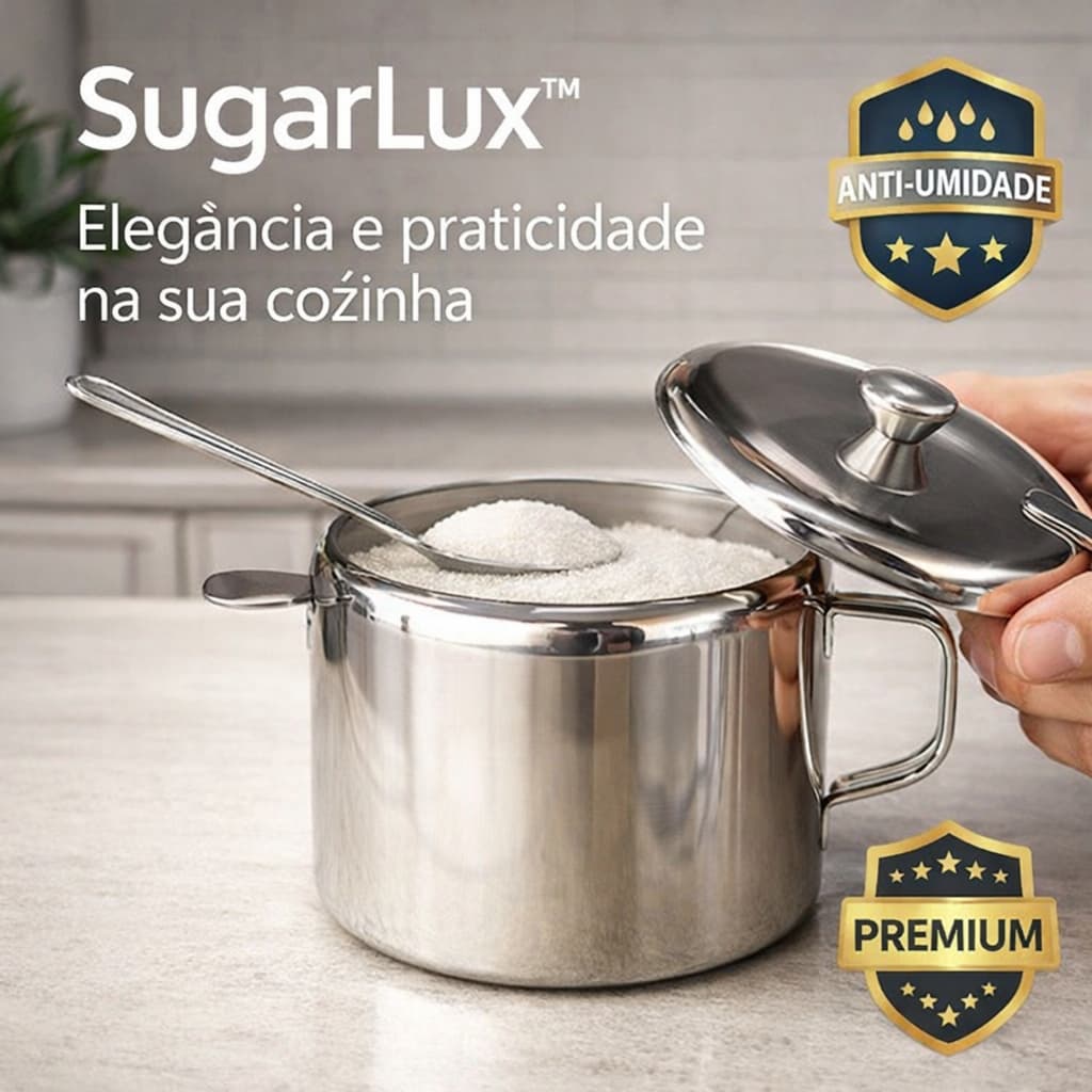 Açucareiro Inox com Colher 420ml – Pote de Açúcar com Tampa Anti-Umidade Moderno | SugarLux™