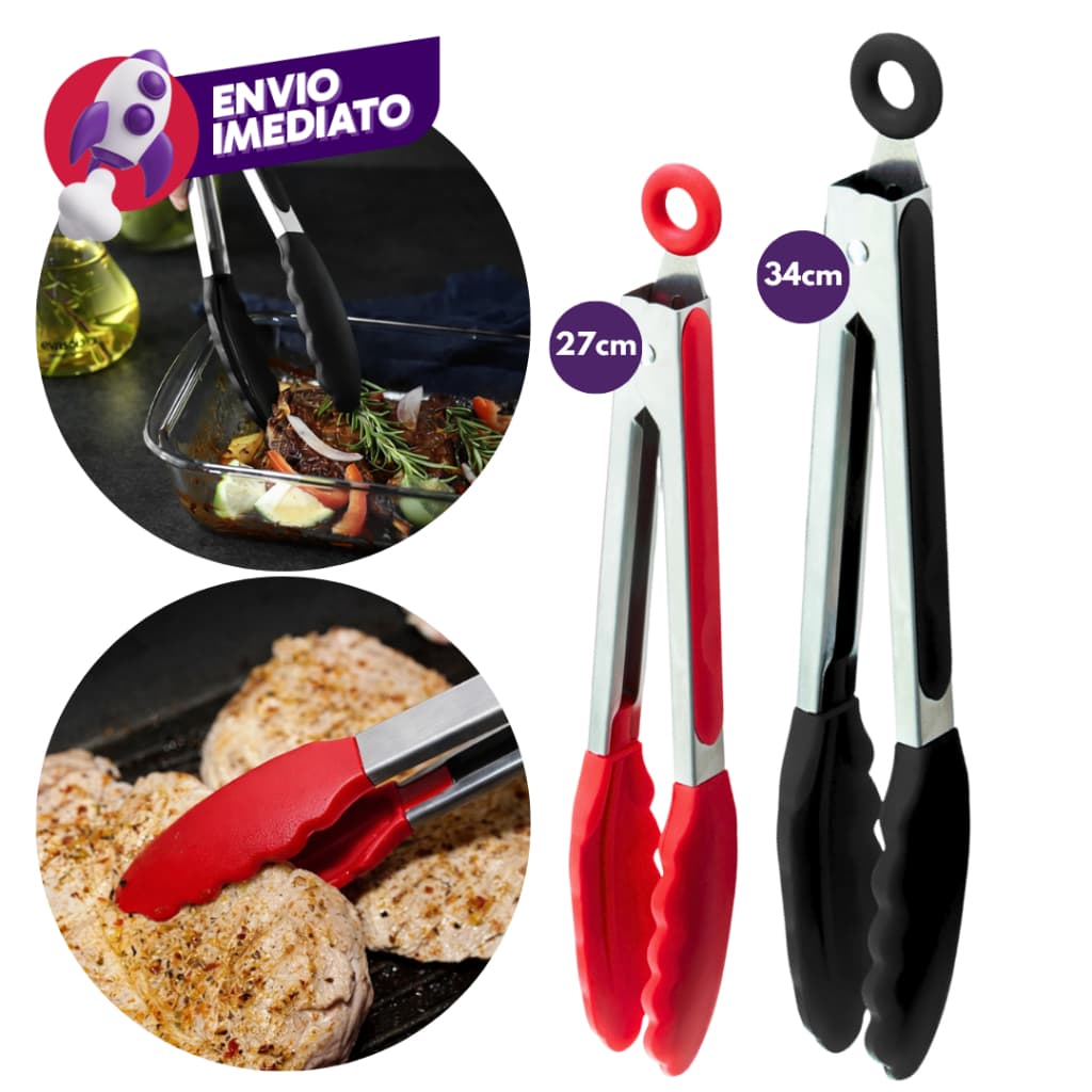 Pegador Pinça Culinaria 27 e 34Cm Inox E Silicone Pé Apoio Salada Empratamento Cozinha Restaurante