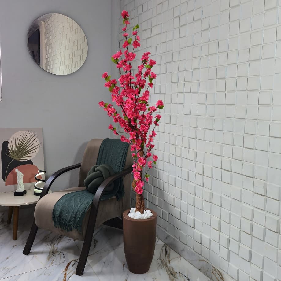 Arranjo Artificial Cerejeira Flor Rosa Pink 150cm Vaso Marmorizado Pedra Decoração Sala