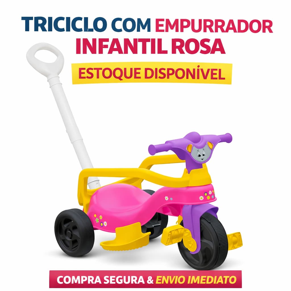Triciclo Infantil Rosa Completo Pais e Filhos Encantado Passeio Criança Com Empurrador Segurança