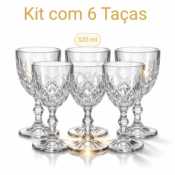 Kit Taças Copo Diamond Vidro Transparente Para Bebidas 320ML 4 ou 6 Taças Premium Suco