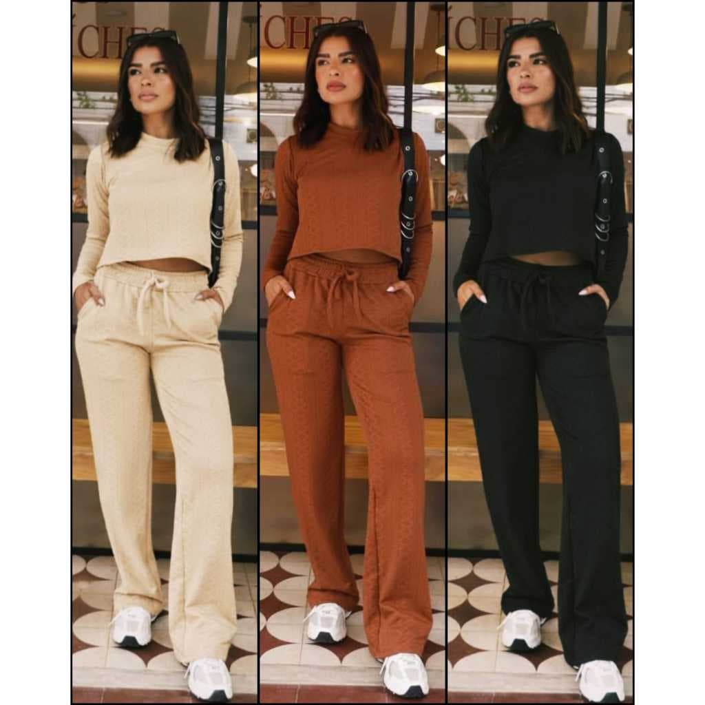 Conjunto Outono Inverno Calça Flaire Blusa Cropped Manga Longa Modelo Chique Casual Basico Minimalista