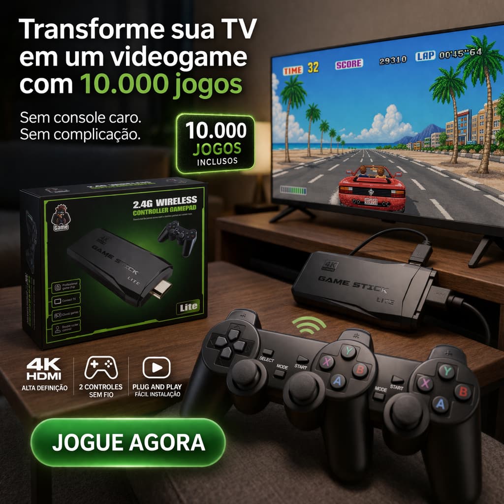 Game Stick 4K 10000 Jogos Console Retrô HDMI 2 Controles Sem Fio Plug Play