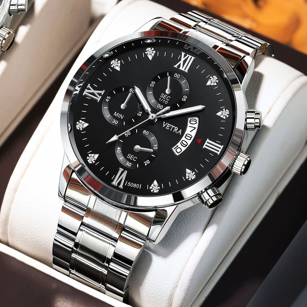 VETRA Relógio Masculino Original Relogio Luxo a Prova d Água Presente para Homem Aço Inoxidável Preto Prata 5080
