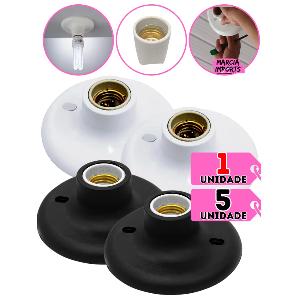Jogo de Plafon 1 OU 5 unidades Branco ou Preto Suporte de Lampada Bocal de Ceramica E27 Soquete PP