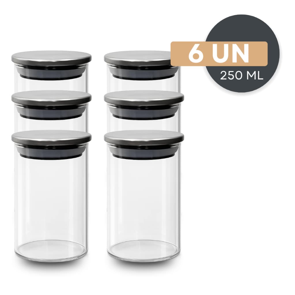 Potes Herméticos Porta Mantimentos Organizadores De Cozinha De Vidro Com Tampa De Inox 250ml