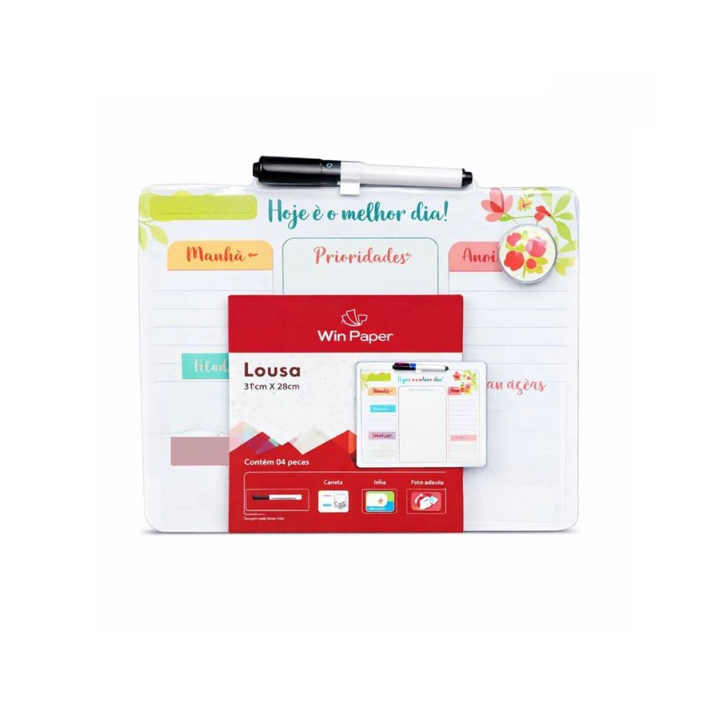 Lousa Magnética PlannerTarefas Diárias c/ Caneta Borracha Imã e Fita Adesiva 21,6x28 cm