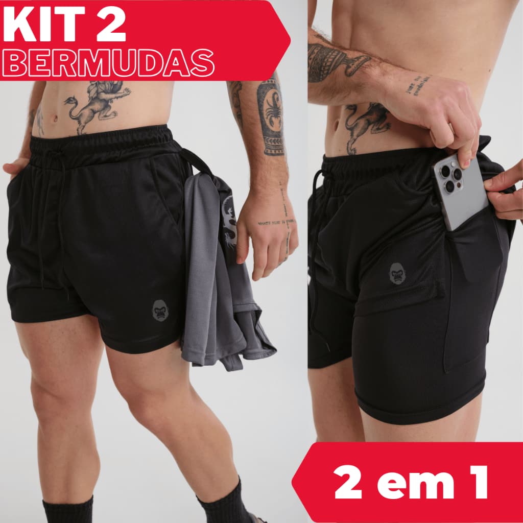 kIT 2 Shorts masculino 2 em 1 KONG Para Academia